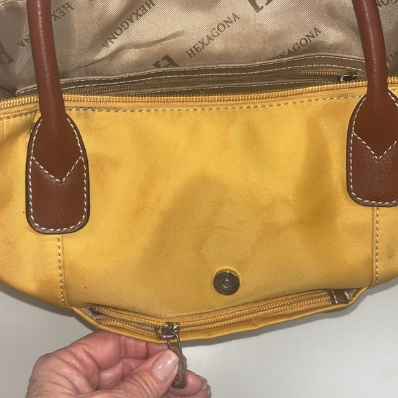 Hexagona Yellow nylon Satchel with brown Leather Trim preowned - Picture 13 of 14